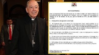 ​Juan Luis Cipriani: Arzobispado de Lima responde tras declaraciones de cardenal