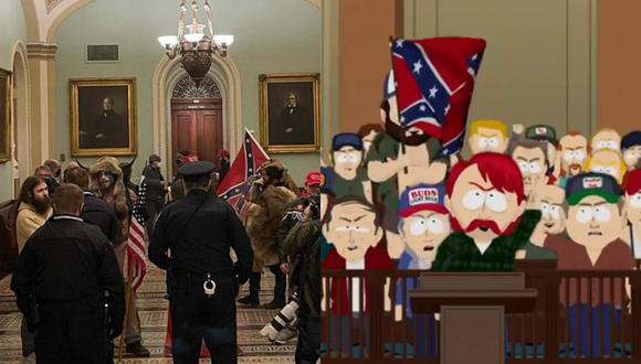 Los internautas no dudaron en comparar los lamentables hechos ocurridos en la sede del legislativo estadounidense con la trama de un episodio de South Park. | Crédito: @headofsecurity / Twitter / Comedy Central.