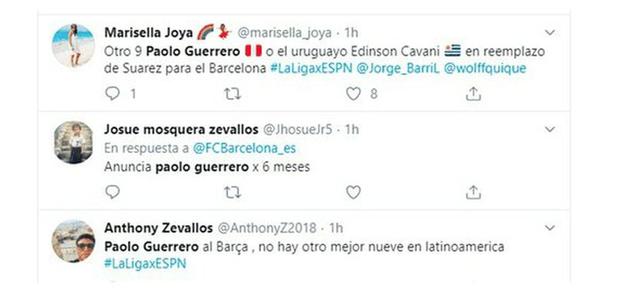 Hinchas peruanos piden a Paolo Guerrero en reemplazo de Luis Suárez en el Barcelona. (Foto/Captura: Twitter)