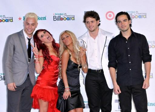 HOLLYWOOD, FL - APRIL 10:  (L-R) Musicians Christian Chavez, Dulce Maria, Anahi, Christopher Uckermann and Alfonso Poncho Herrera Rodriguez of RBD pose in the press room during the 2008 Billboard Latin Music Awards at the Seminole Hard Rock Hotel and Casino on April 10, 2008 in Hollywood, Florida.  (Photo by Jeff Daly/Getty Images)