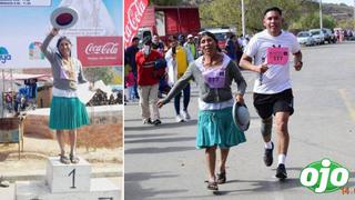 Mujer de 58 años logra medalla de oro corriendo con ojotas y pollera