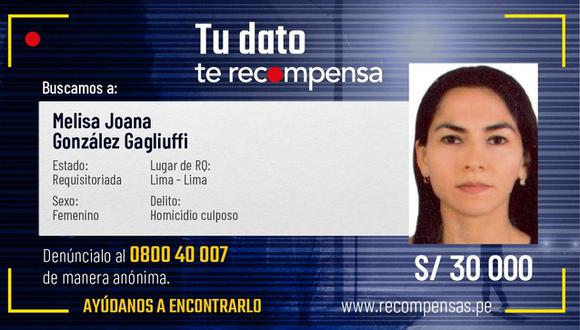 Melisa González Gagliuffi fue incluida en el Programa de Recompensas y se ofrece 30 mil soles por información de su paradero. (Foto: Ministerio del Interior)