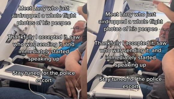 El sujeto fue identificado como "Larry", quien no negó estar enviando fotos suyas a los pasajeros a bordo del avión. (Foto: @daddystrange333/composición)