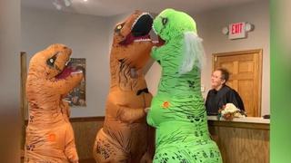 Pareja demuestra que lo importante es el amor: se casan vestidos de dinosaurios | VIDEO
