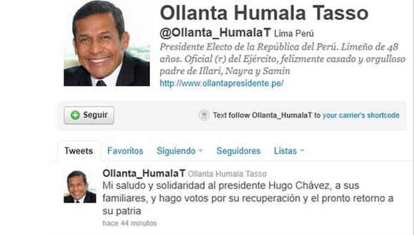 Ollanta Humala envía saludo y solidaridad al presidente Chávez vía Twitter 