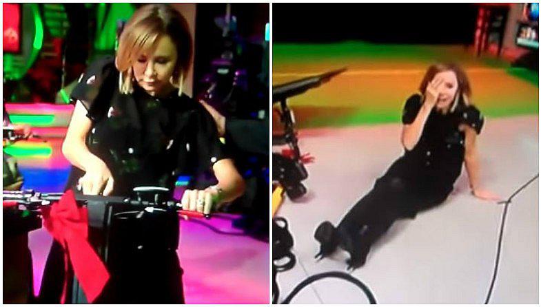 YouTube: presentadora de TV sufre aparatosa caída en pleno programa (VIDEO)