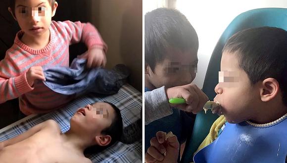 Niño con síndrome de down sorprende por ayudar y cuidar de sus hermanos con parálisis cerebral