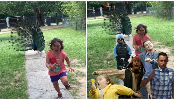 Facebook: Fotografía de niña huyendo de pavo real se convierte en viral [FOTOS]