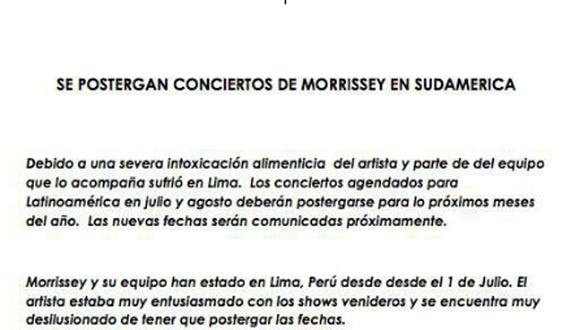 Morrissey posterga sus conciertos en Sudamérica por intoxicación 