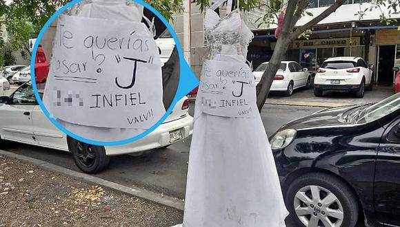 Abandonan vestido de novia en la calle con curioso cartel contra infiel novio 