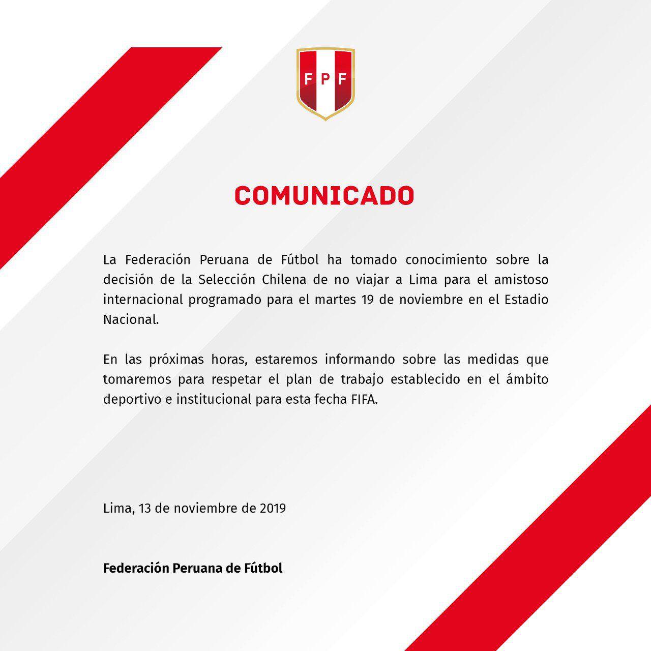 El comunicado de la FPF tras la decisión de los jugadores de Chile de no jugar el amistoso ante Perú. (Foto: @TuFPF)