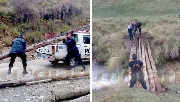 Policías sorprenden al construir puente provisional de madera para pueblo incomunicado