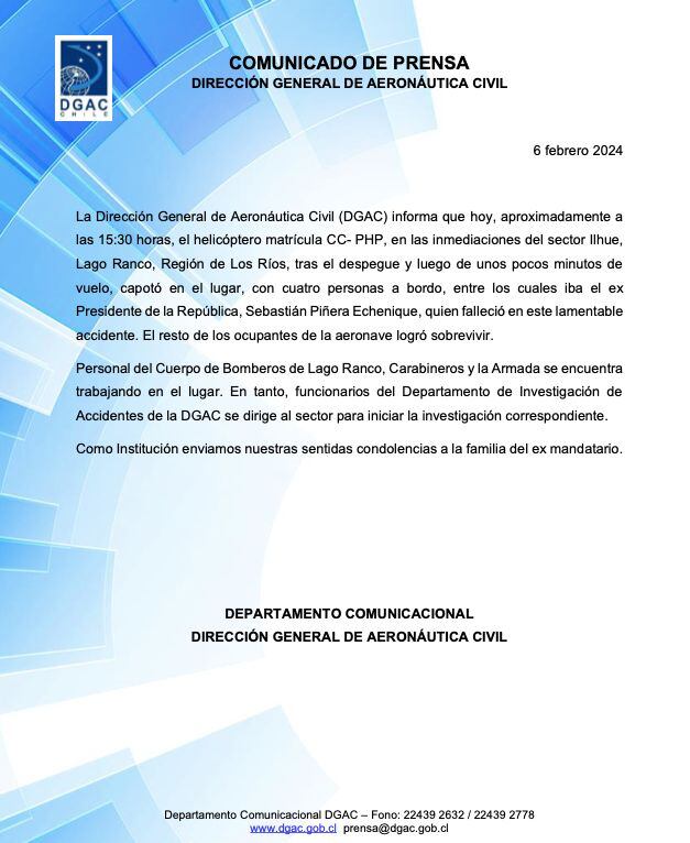 La Dirección General de Aeronáutica Civil de Chile proporcionó detalles sobre el accidente en el que perdió la vida el expresidente Sebastián Piñera.