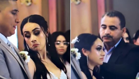En esta imagen se aprecia la hilarante reacción de un padre al ver que a su hija se le cayó el velo en plena boda. (Foto: @jenesiscorona / TikTok)