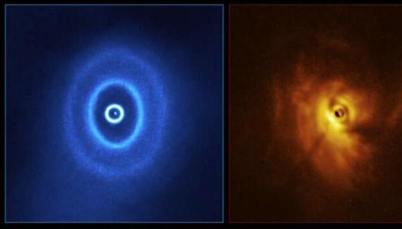 Una imagen de GW Orionis, un sistema de estrellas triples con un misterioso espacio en los anillos de polvo circundantes. (Foto: ALMA (ESO/NAOJ/NRAO)