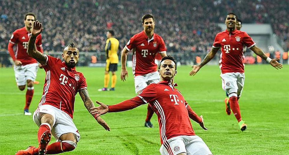  Arsenal and Bayern Munich players celebrate a goal during their 2017 Champions League quarterfinal match at the Emirates Stadium in London.