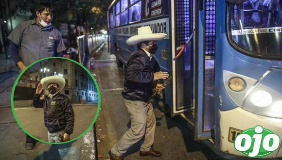 Pedro Castillo subiendo a un bus se vuelve viral. Foto: (La República).
