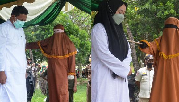 Una mujer es azotada 100 veces por adulterio en Idi, este de Aceh, el 13 de enero de 2022, mientras que su pareja masculina, que negó las acusaciones, recibió 15 latigazos. (Foto de CEK MAD / AFP)