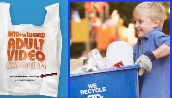 ​Tienda enseña a reciclar plástico con bolsas con textos escandalosos