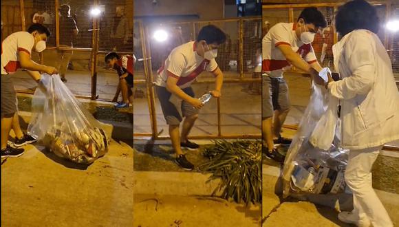 Peruanos limpiando los exteriores del hotel de concentración de la selección en Montevideo. (Foto: Captura de video)