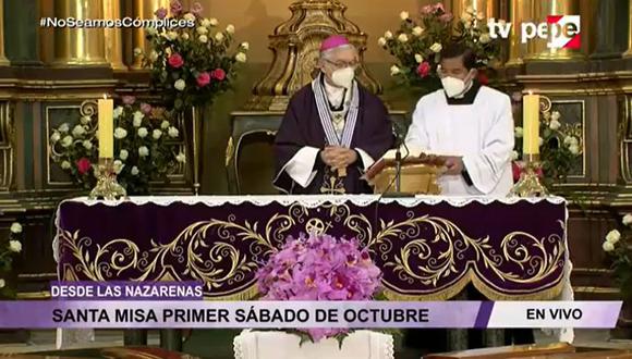 Durante la ceremonia, el monseñor Carlos Castillo instó a los fieles a no acercarse hasta la iglesia de Las Nazarenas, ya que este reciento permanecerá cerrado al público. (Foto: Captura TV PERÚ)