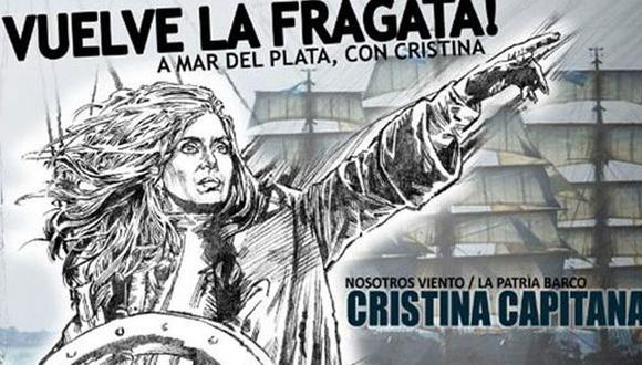 Singular afiche de Cristina Kirchner 'épica' convoca a recibir a fragata Libertad
