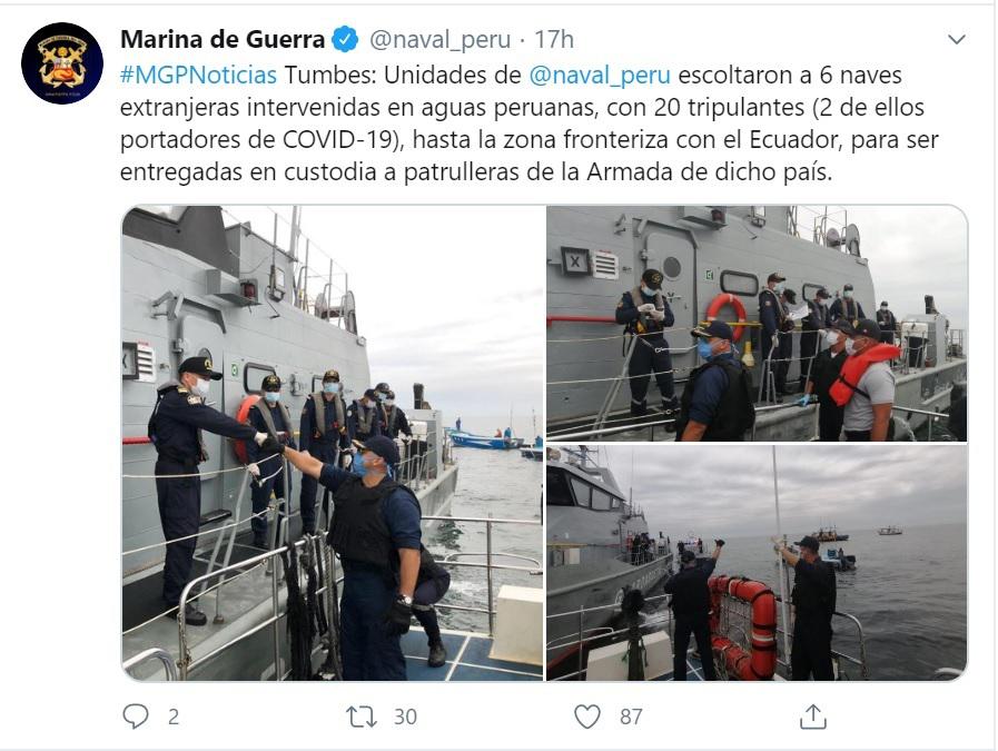 Tumbes: Marina de Guerra del Perú interviene seis naves extranjeras con dos tripulantes infectados de COVID-19. (Foto: captura de pantalla)