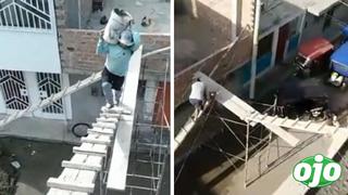 Obreros de construcción arriesgan su vida con peligrosas escaleras sin seguridad