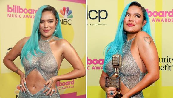Karol G lució un vestido transparente y ganó como mejor artista latina. (Foto: Todd Williamson para NBC/ E! Entertainment / Instagram @karolg)