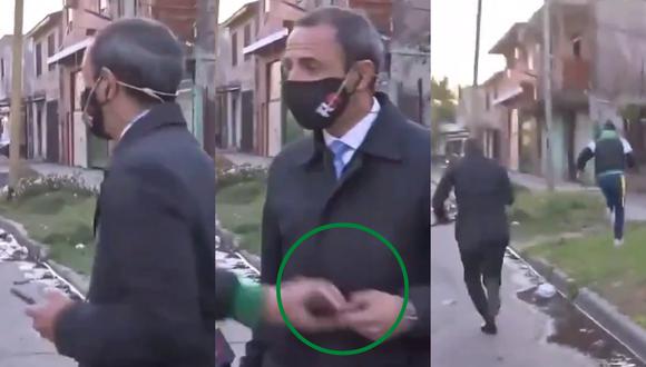 Un video viral muestra el momento exacto en el que un ladrón le arrebata a un periodista su celular cuando estaba a punto de salir en vivo. | Crédito: Telenueve / Captura de TV.