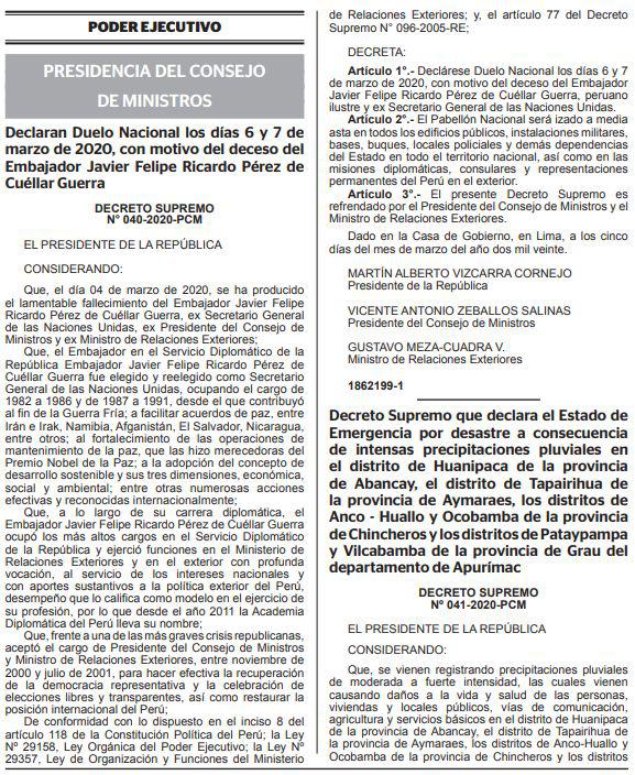 Javier Pérez de Cuéllar falleció el 4 de marzo y habrá dos días de duelo nacional en su honor.