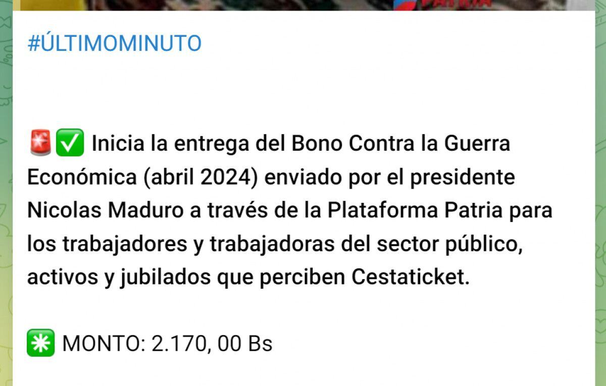 Inició el pago del Bono Guerra Económica abril 2024