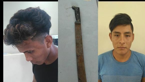 Ucayali: El agraviado Paolo Moena, el arma blanca incautada, y el atacante Rubén Salas. (GEC)