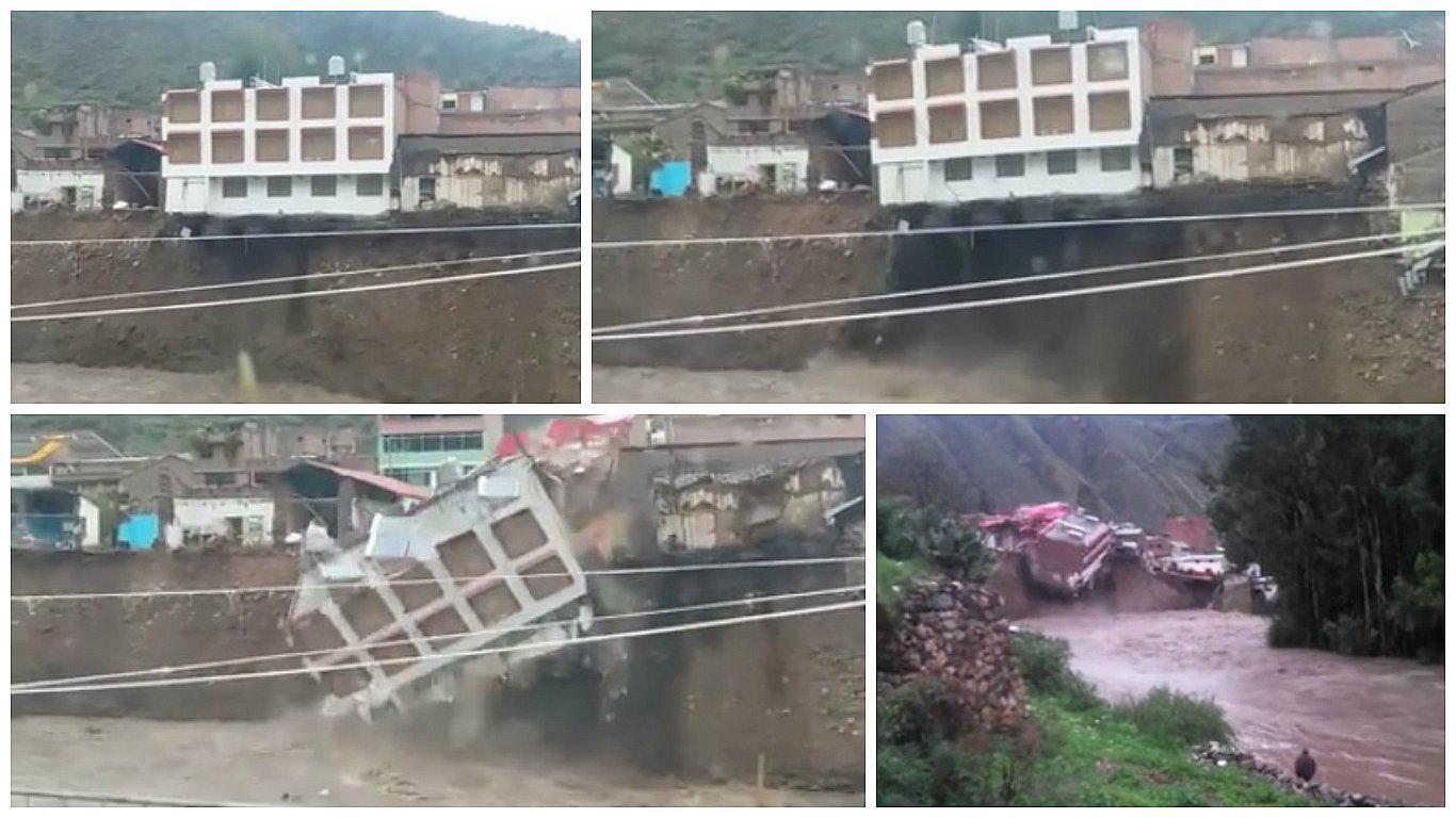 Huancavelica: hotel cae a río en solo unos segundos debido a intensa lluvia (VIDEO)