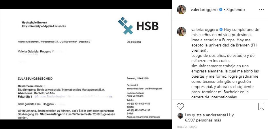 Valeria Roggero mostró la constancia de ingreso a la Universidad de Bremen / Instagram: Valeria Roggero