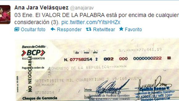 Ana Jara publica foto devolviendo cheque por bono congresal en Twitter 