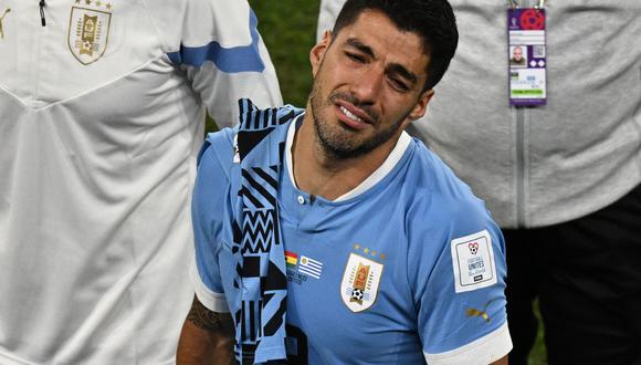 Uruguay's forward #09 Luis Suarez reacts at the end of the Qatar 2022 World Cup Group H football match between Ghana and Uruguay at the Al-Janoub Stadium in Al-Wakrah, south of Doha on December 2, 2022. (Photo by Philip FONG / AFP)