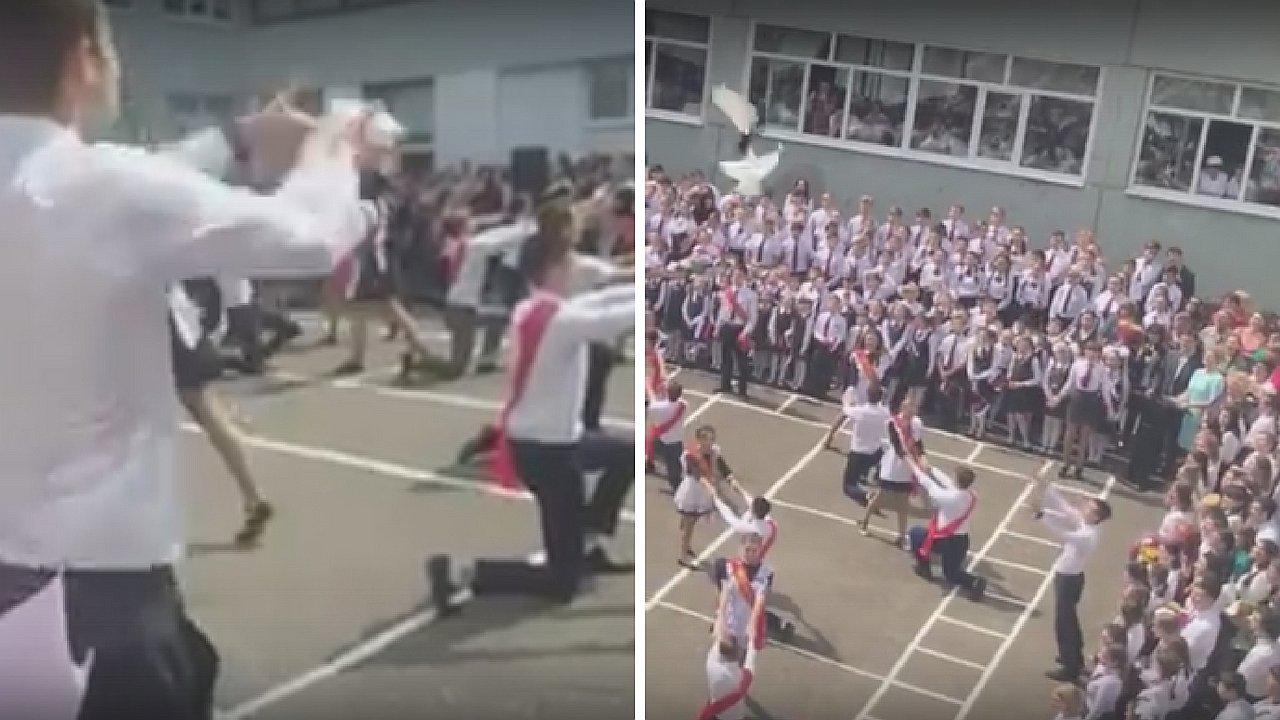 Paloma 'muerta' se gana las miradas en evento escolar (VIDEOS)