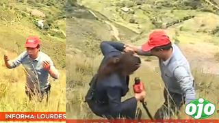 Pedro Castillo obliga a reportera a bajar por terreno empinado y casi se caen: “te doy entrevista si vienes hasta acá”