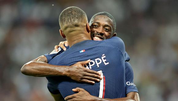 Kylian Mbappé y Ousmane Dembélé celebran el gol del primero.