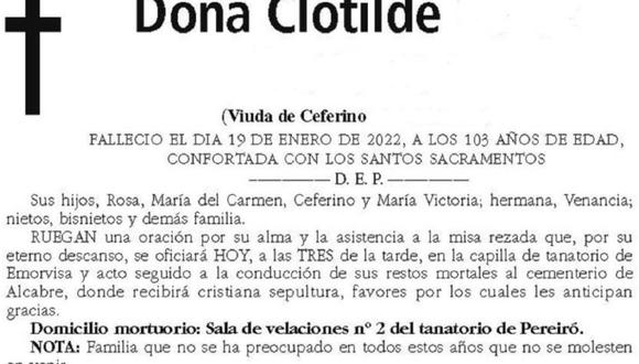 Doña Clotilde dejó un particular mensaje para sus familiares que poco o nada se preocuparon por ella. (Foto: Faro de Vigo)