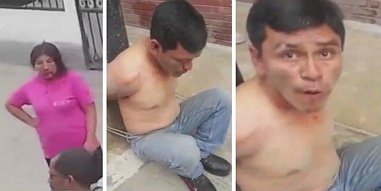 Vecinos evitan que maten a golpes a mujer y atan a su agresor a poste (VÍDEO)
