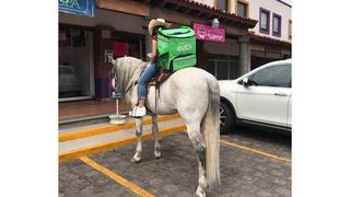 Repartidora de comida utiliza a su caballo como medio de transporte 