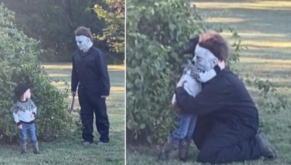 El abrazo de un niño a un hombre disfrazado de Michael Myers que intentó asustarlo. (Foto: @amberpatrick22 / TikTok)