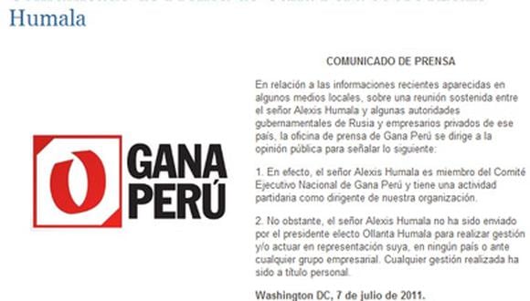 Gana Perú afirma que Alexis Humala acudió a Rusia a título personal
