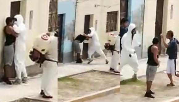 Cañete: Dos hombres se agarran a golpes con fumigador cuando desinfectaba las calles por COVID-19 | VIDEO