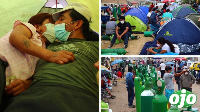 Cientos de personas forman largas colas frente a la planta ubicada en Villa El Salvador con el fin de poder recargar sus balones de oxígeno medicinal de forma gratuita.