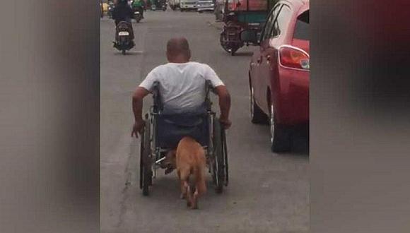 Perrito empuja silla de ruedas de sus dueño y video enternece en redes (VIDEO)