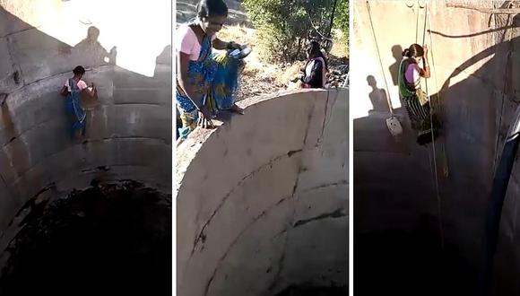 Mujeres arriesgan sus vidas al bajar a un pozo profundo sin soga para obtener agua (VIDEO)