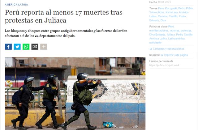 Enfrentamientos entre las fuerzas del orden y manifestantes contra el gobierno de la presidenta Dina Boluarte dejaron 17 muertos este lunes en Juliaca, en el sur de Perú, informó la Defensoría del Pueblo. (Texto: AFP / Foto: Captura DW)